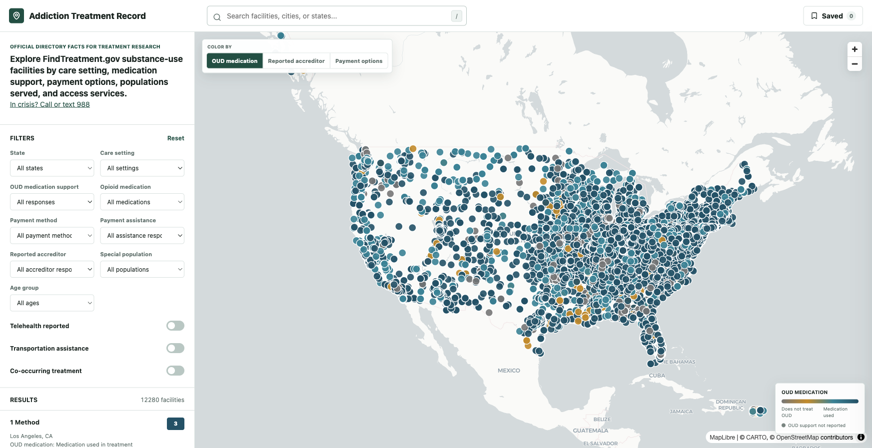 National addiction treatment facility map