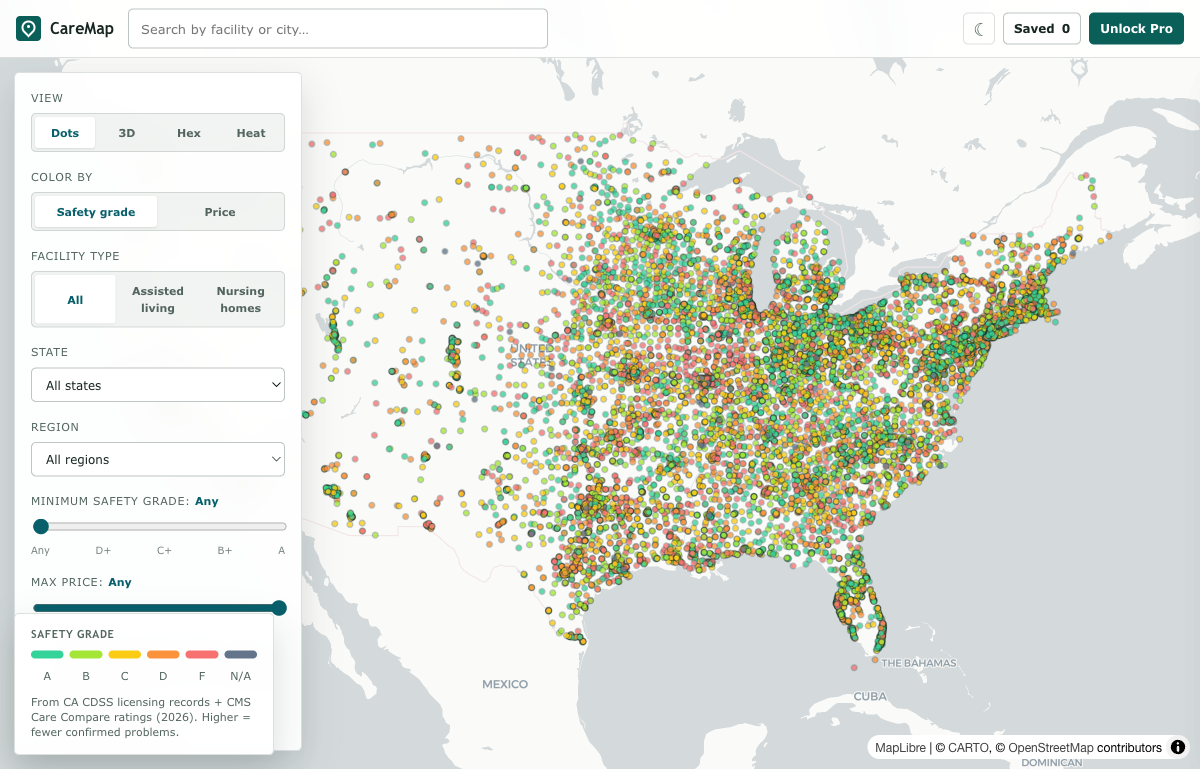 Senior care map showing facilities across the United States
